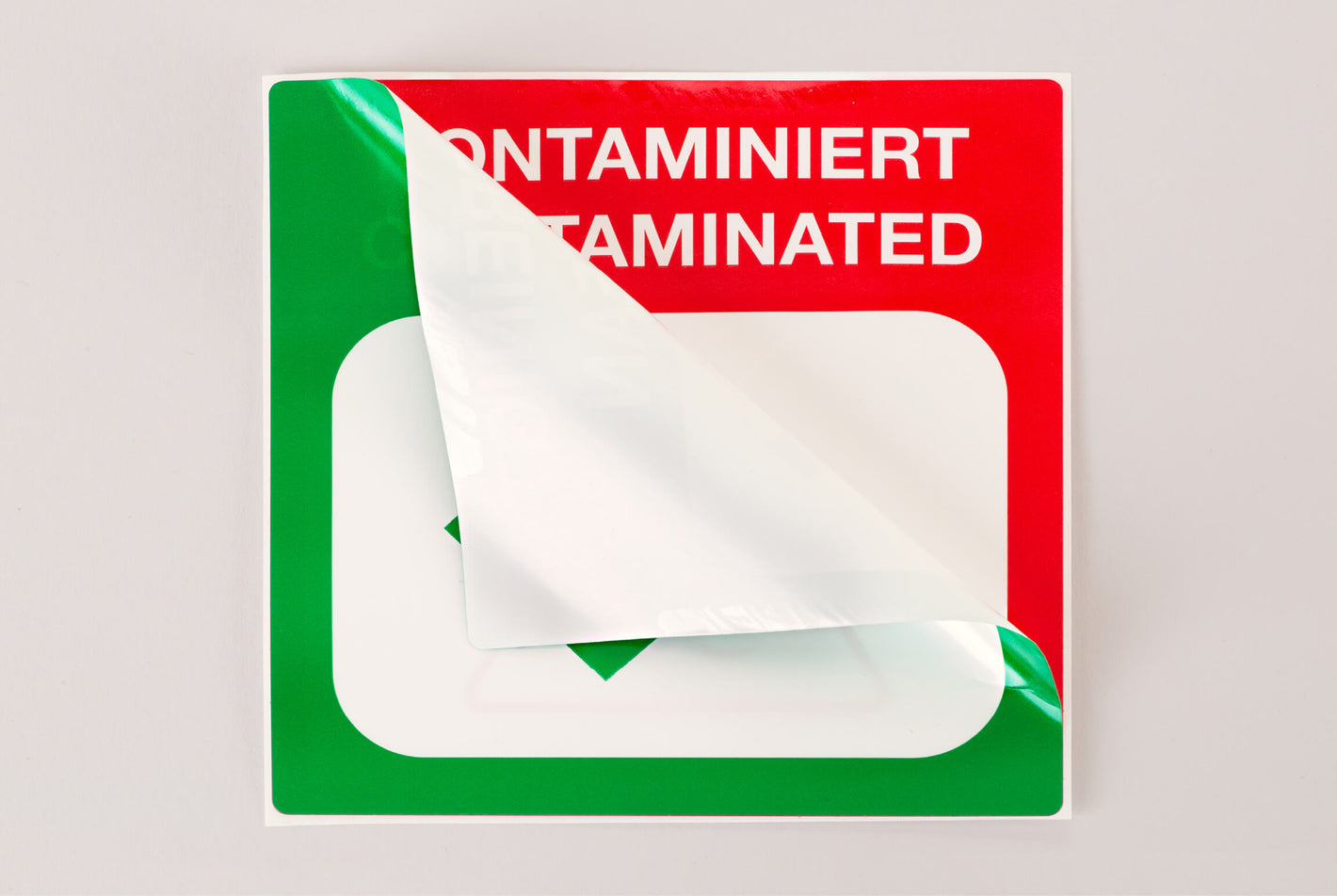 Status label green "GEREINIGT / CLEAN" + red "KONTAMINIERT / CONTAMINATED", 100 x 100 mm, 500 pcs.