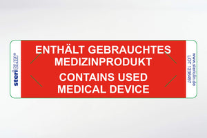 Adhesive labels "ENTHÄLT GEBRAUCHTES MEDIZINPRODUKT" and safety punching, red, 80 x 25 mm, 500 pcs.