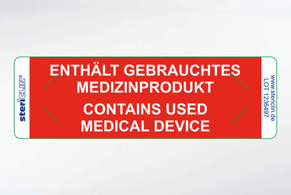 Adhesive labels "ENTHÄLT GEBRAUCHTES MEDIZINPRODUKT" and safety punching, red, 80 x 25 mm, 500 pcs.
