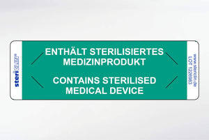 Adhesive labels k "CONTAINS STERILIZED MEDICINE PRODUCT" and safety punching, green, 80 x 25 mm, 500 pcs.