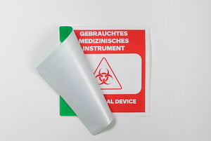 Statuslabel groen "GEREINIGD MEDISCH INSTRUMENT" + rood "GEBRUIKT MEDISCH INSTRUMENT", 100 x 100 mm,  500 stuks.