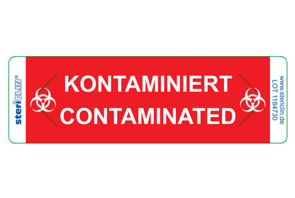 Zelfklevende etiketten "KONTAMINIERT" (besmet) en veiligheidsstempel, rood, 80 x 25 mm,  500 stuks.