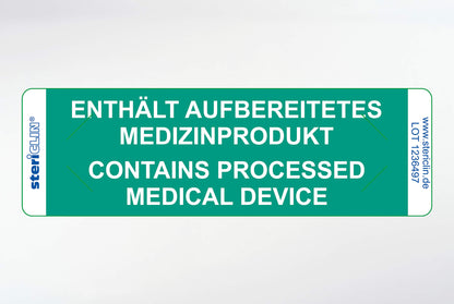 Zelfklevende etiketten "BEVAT BEWERKT MEDISCH PRODUCT" en veiligheidsstans, groen, 80 x 25 mm,  500 stuks.