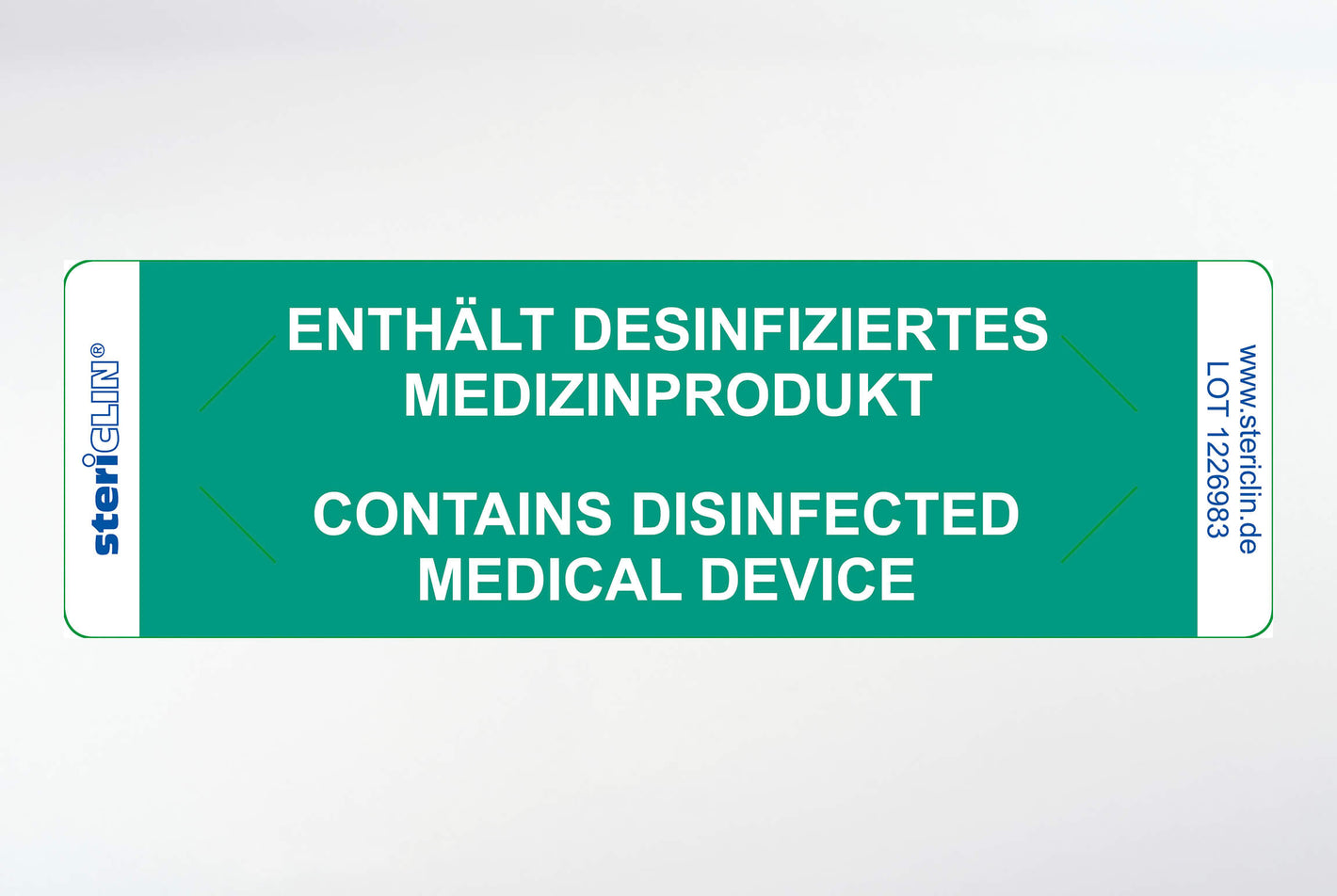 Zelfklevende etiketten "BEVAT GEDESINFECTEERD MEDISCH PRODUCT" en veiligheidsstempel, groen, 80 x 25 mm,  500 stuks.