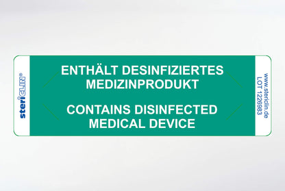 Zelfklevende etiketten "BEVAT GEDESINFECTEERD MEDISCH PRODUCT" en veiligheidsstempel, groen, 80 x 25 mm,  500 stuks.
