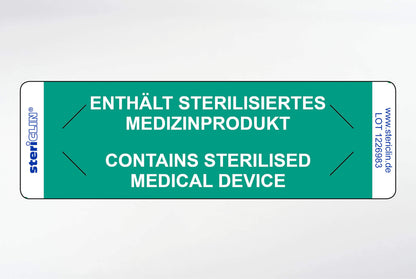 Zelfklevende etiketten k "BEVAT GESTERILISEERD MEDISCH PRODUCT" en veiligheidsperforatie, groen, 80 x 25 mm,  500 stuks.
